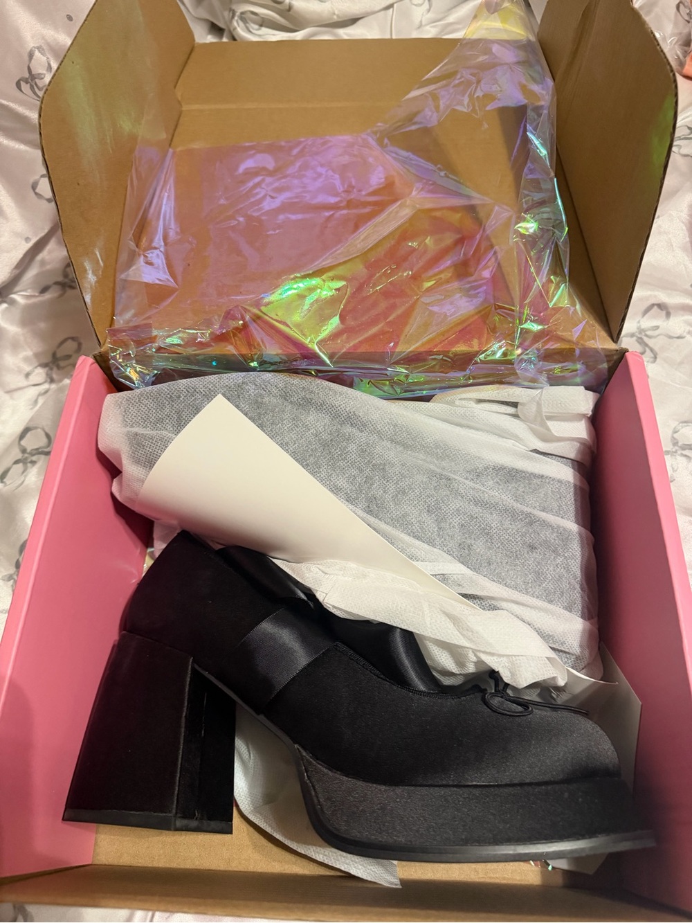 Dolls Kill Black Satin Platform Mary Jane Pumps with Ribbon Wrap - Picture 5 of 6